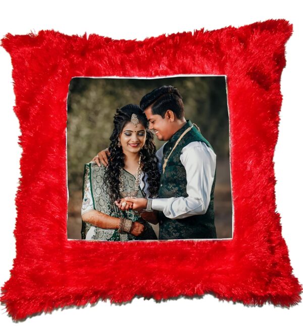 Personalised/Customised Photo Fur Red Pillow/Cushion for Valentine Day and Personalized Gifts (Fur Heart Shape Cushion with Free 1 Key Chain) - Image 1